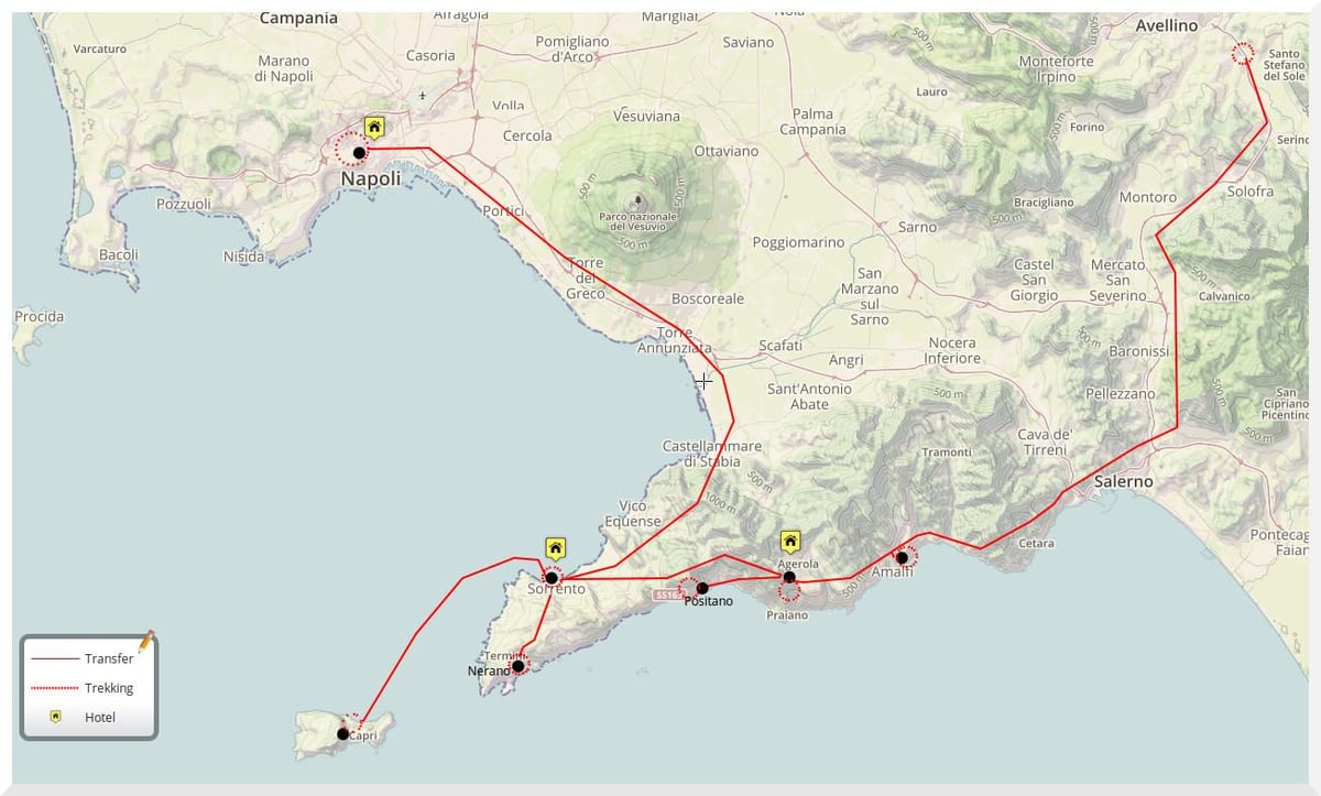 Mapa de nápoles, italia recorrido a pie